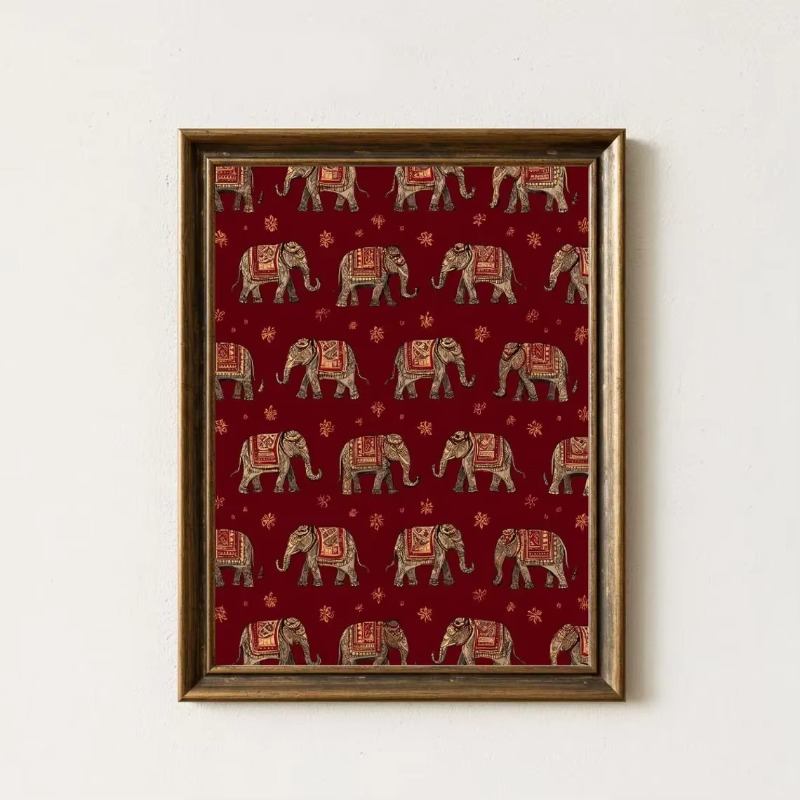 Interior Design Layout - Indische Olifant Patroonprint, Rode Textiel Wandkunst,